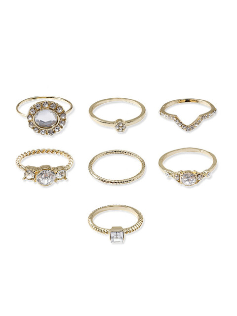 

YoungWildFree Set Of 7 Gold-Plated & White Stone-Studded Luxury Charms Pretty Design Finger Rings