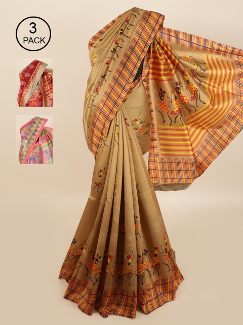

Pothys Pack of 3 Ethnic Motifs Jute Silk Sarees, Tan