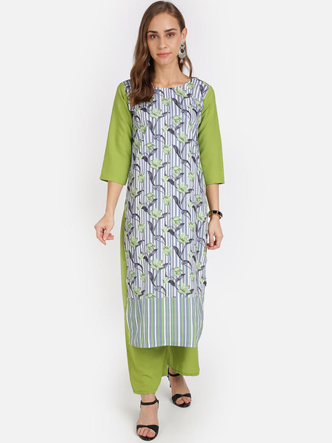 

SAADHVI Women Green & Grey Floral Printed Crepe Kurta
