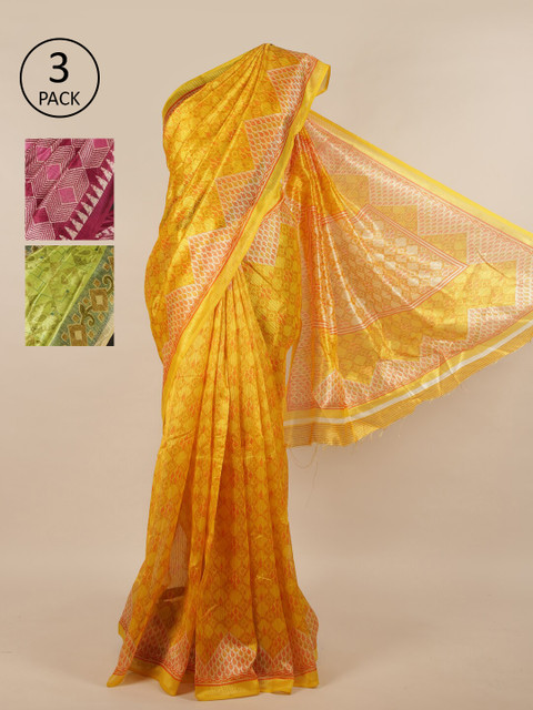

Pothys Pack of 3 Ethnic Motifs Jute Silk Sarees, Yellow