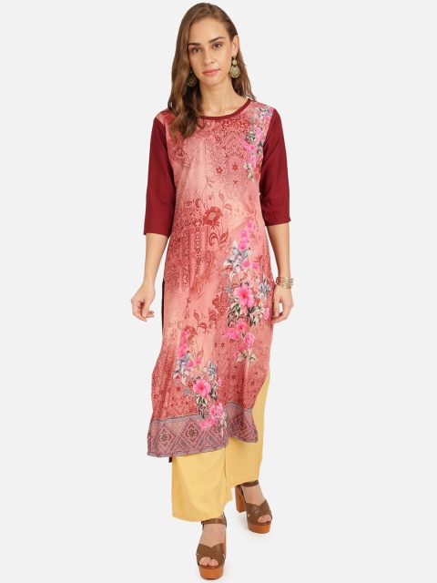 

SAADHVI Women Peach & Maroon Floral Printed Crepe Kurta