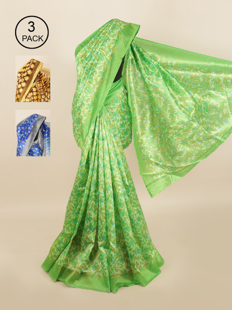 

Pothys Pack of 3 Ethnic Motifs Jute Silk Sarees, Green
