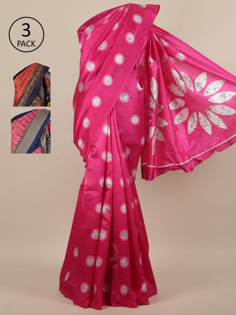 

Pothys Pack of 3 Ethnic Motifs Jute Silk Sarees, Pink