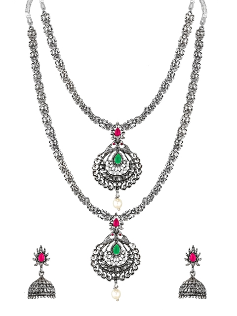 

aadita Silver-Plated Pink & Green Stone-Studded & Beaded Temple Jewellery Set