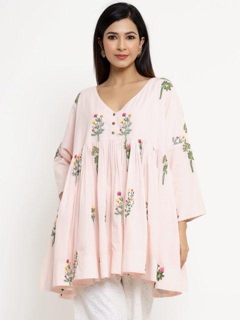 

VRISA Women Peach-Coloured & Green Floral Embroidered Pure Cotton Tunic