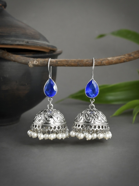 

Silvermerc Designs Silver-Toned & Blue Pearls Studded Dome-Shaped Jhumkas Earrings