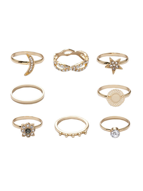

YoungWildFree Set Of 8 Gold-Plated & White Stone-Studded Luxury Charms Pretty Design Finger Rings