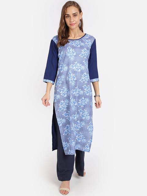 

SAADHVI Women Navy Blue & White Floral Printed Pure Crepe Kurta