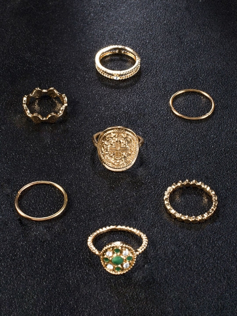 

YoungWildFree Set Of 7 Gold-Plated White Rhinestone-Studded Finger Rings