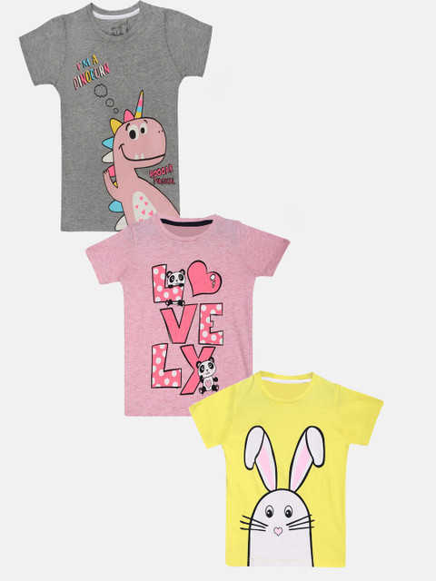 

Lazy Shark Girls Pack Of 3 Printed Cotton T-shirt, Grey