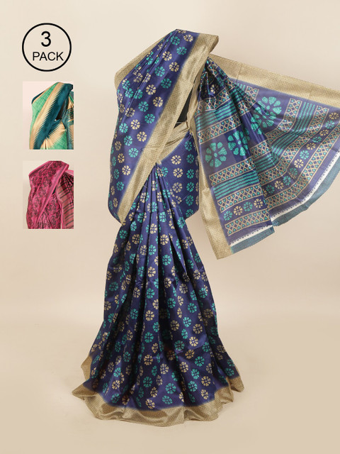 

Pothys Pack of 3 Ethnic Motifs Jute Silk Sarees, Blue