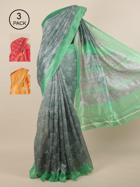 

Pothys Pack of 3 Ethnic Motifs Jute Silk Sarees, Grey