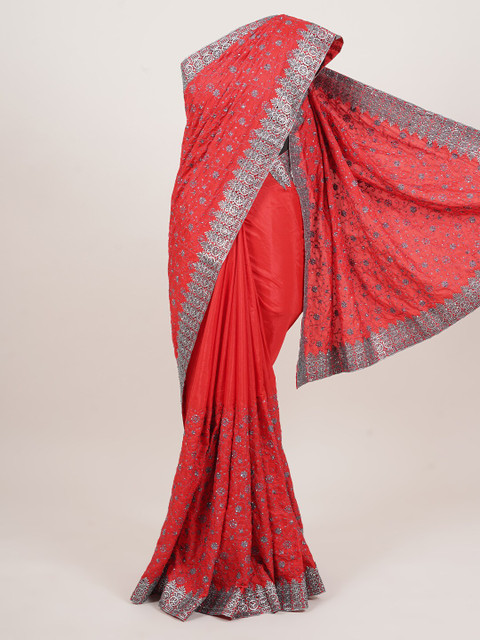 

Pothys Red & Grey Floral Embroidered Art Silk Saree