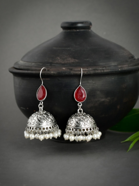 

Silvermerc Designs Women Red Silver-Toned Oxidized Jhumka Earrings