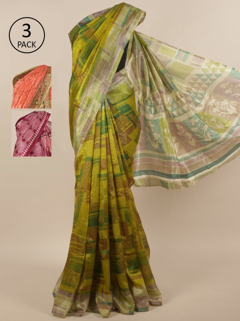 

Pothys Pack of 3 Ethnic Motifs Jute Silk Sarees, Green