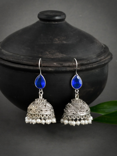 

Silvermerc Designs Silver-Plated & Blue Stone Studded Dome Shaped Jhumkas Earrings