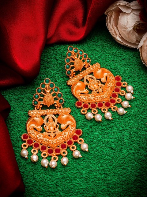 

aadita omen Green & Red Gold-Toned Contemporary Chandbalis Earrings