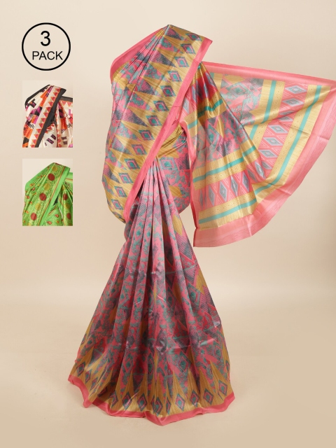 

Pothys Pack of 3 Ethnic Motifs Jute Silk Sarees, Pink