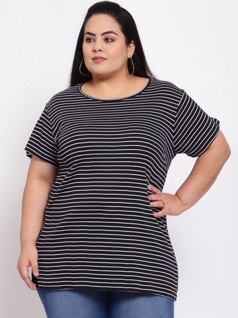 

plusS Women Black Striped Monochrome T-shirt