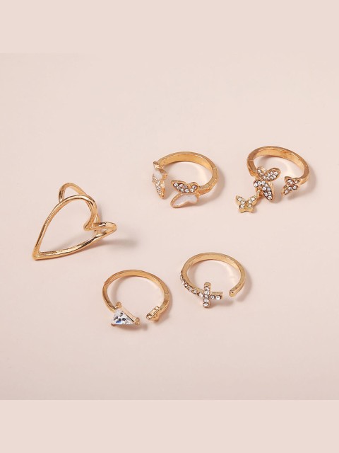 

YoungWildFree Set Of 5 Gold-Plated & White Stone-Studded Luxury Charms Pretty Design Finger Rings