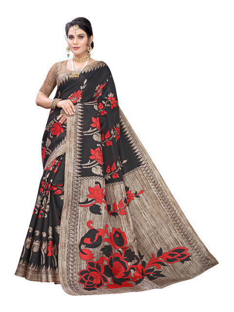 

KALINI Black & Red Floral Art Silk Saree