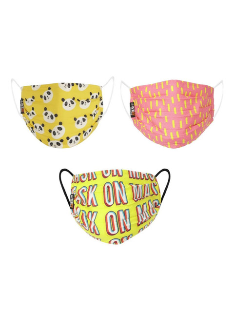 

LIVE IT SAFE Unisex Pack Of 3 Printed 4-Ply Reusable Cotton Cloth Masks With Nano Technology, Yellow