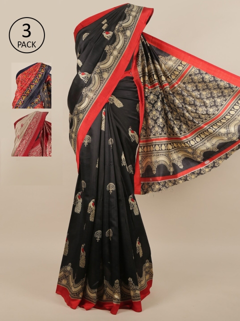 

Pothys Pack of 3 Ethnic Motifs Jute Silk Sarees, Black
