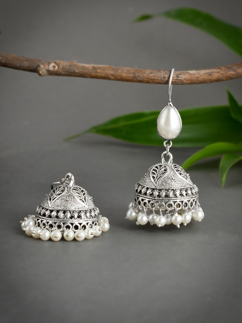 

Silvermerc Designs Silver-toned and White Dome Shaped Jhumkas Earrings