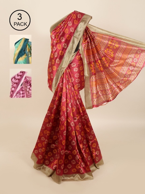 

Pothys Pack of 3 Ethnic Motifs Jute Silk Sarees, Maroon