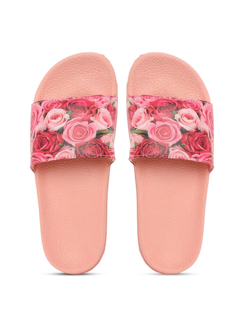 

FREECO Women Pink & Peach-Coloured Printed Sliders