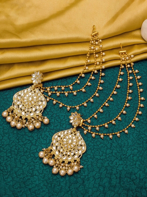 

aadita Gold-Toned Classic Chandbalis Earrings with Hair Chain