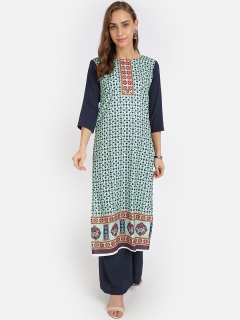 

SAADHVI Women Green & Navy Blue Geometric Printed Crepe Kurta