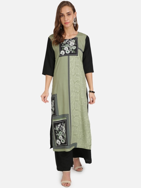 

SAADHVI Women Green & Black Floral Printed Crepe Kurta