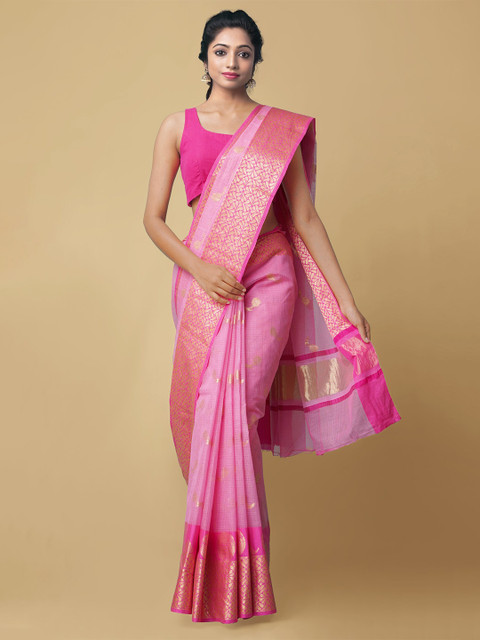 

Unnati Silks Pink & Gold-Toned Ethnic Motifs Zari Silk Cotton Kota Saree