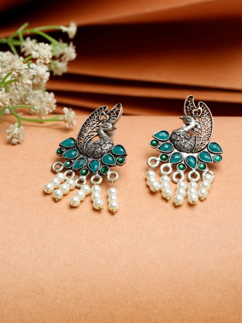

NEUDIS Women Silver-Toned & Green Stone Studded Peacock Shaped Drop Earrings