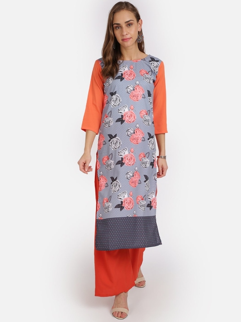 

SAADHVI Women Rust & Grey Floral Printed Pure Crepe Kurta