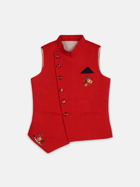 

MAXENCE Boys Red Solid Cotton Linen Satin Nehru Jacket