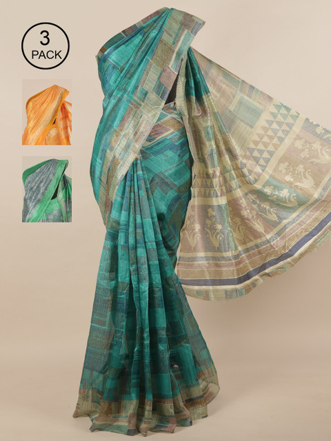 

Pothys Pack of 3 Ethnic Motifs Jute Silk Sarees, Green