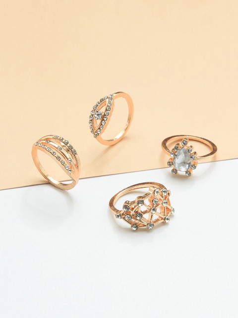 

YoungWildFree Set Of 4 Gold-Plated & White Stone-Studded Luxury Charms Pretty Design Finger Rings