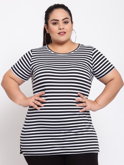 

plusS Women Black & White Striped Monochrome T-shirt