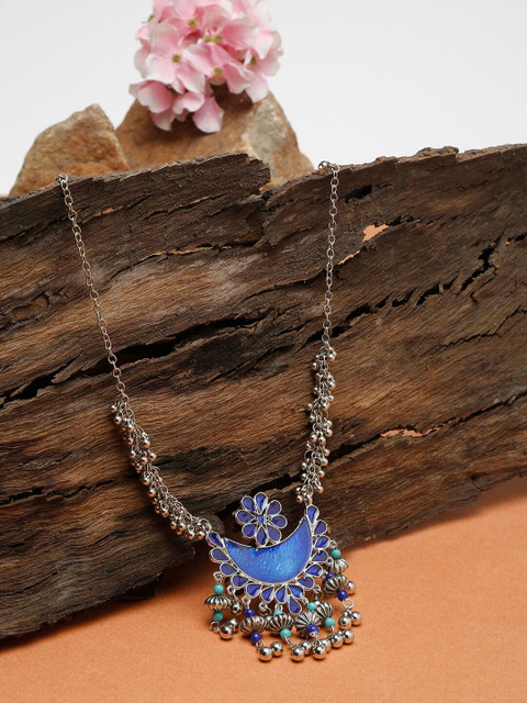 

NEUDIS Oxidised Blue Silver-Plated Stone Studded & Beaded Handcrafted Necklace