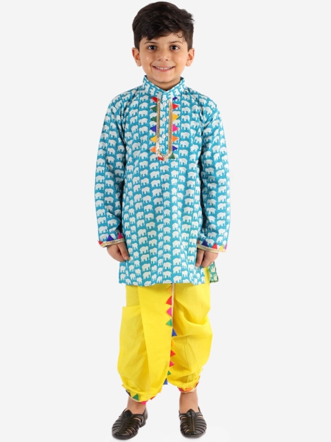 

KID1 Boys Blue Ethnic Motifs Printed Pure Cotton Kurta with Dhoti Pants