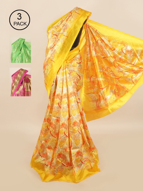 

Pothys Pack of 3 Ethnic Motifs Jute Silk Sarees, Yellow