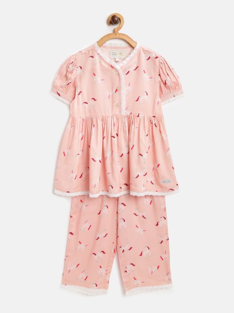 

Cherry Crumble Girls Peach-Coloured & White Printed Night suit