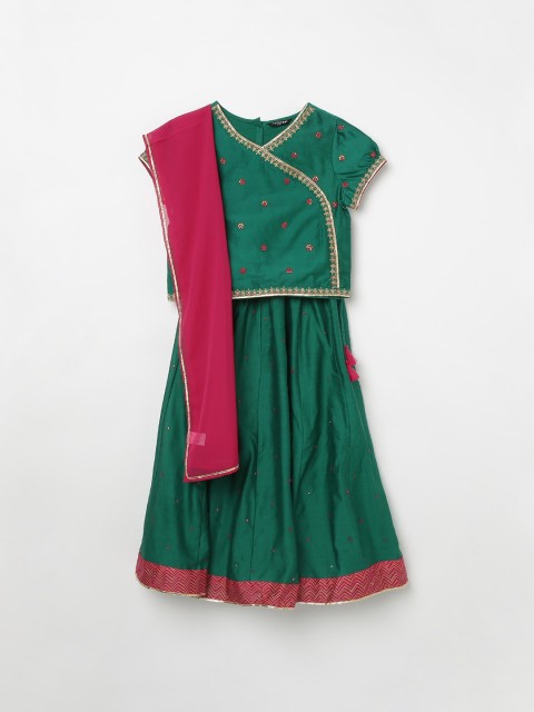 Melange by Lifestyle Girls Green & Pink Embroidered Ready to Wear Lehenga & Blouse With Dupatta