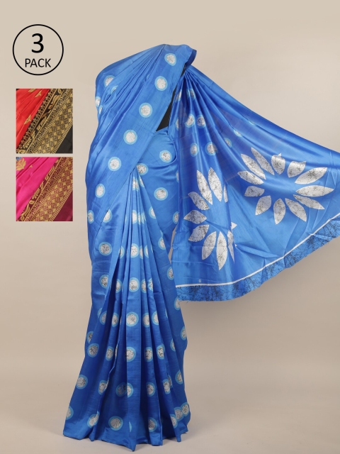 

Pothys Pack of 3 Ethnic Motifs Jute Silk Sarees, Blue