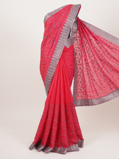 

Pothys Pink & Silver-Toned Floral Art Silk Saree