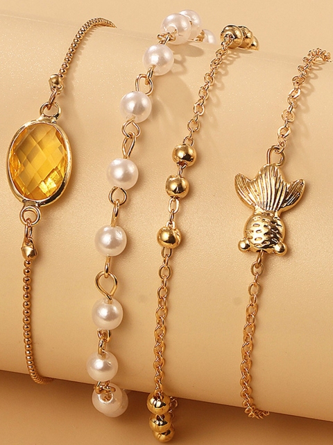 YoungWildFree Women Set of 4 Gold-Toned & White Brass Gold-Plated Charm Bracelet