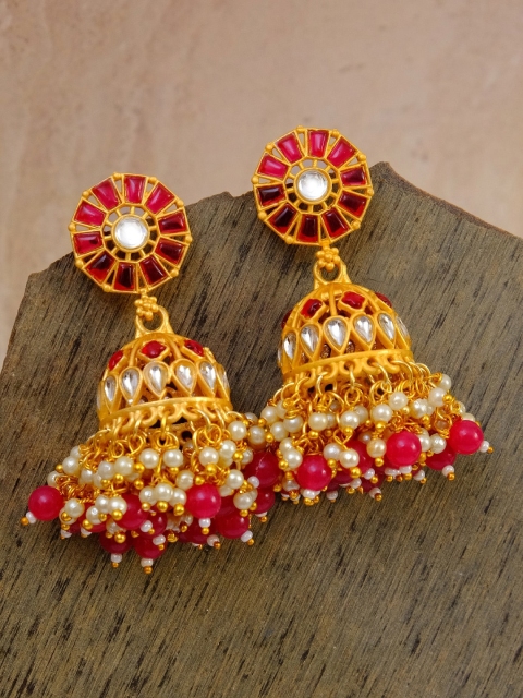 

Crunchy Fashion Red Gold-Toned Kundan & Artificial Stone Studded Jhumka Earrings