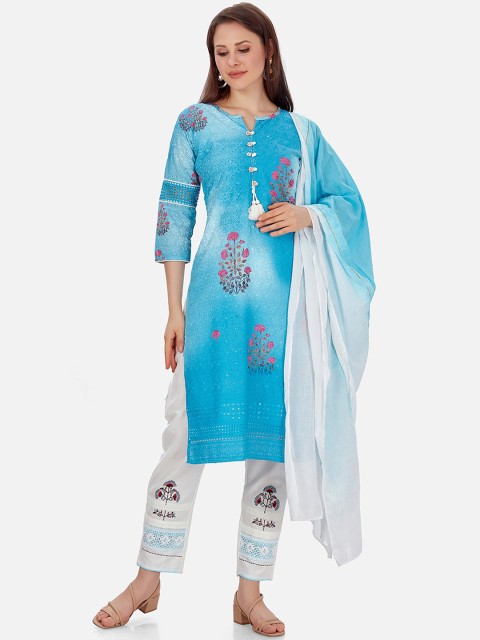 

Kiana Women Blue & white Digitally Printed Schiffli Kurta with Trousers & With Dupatta